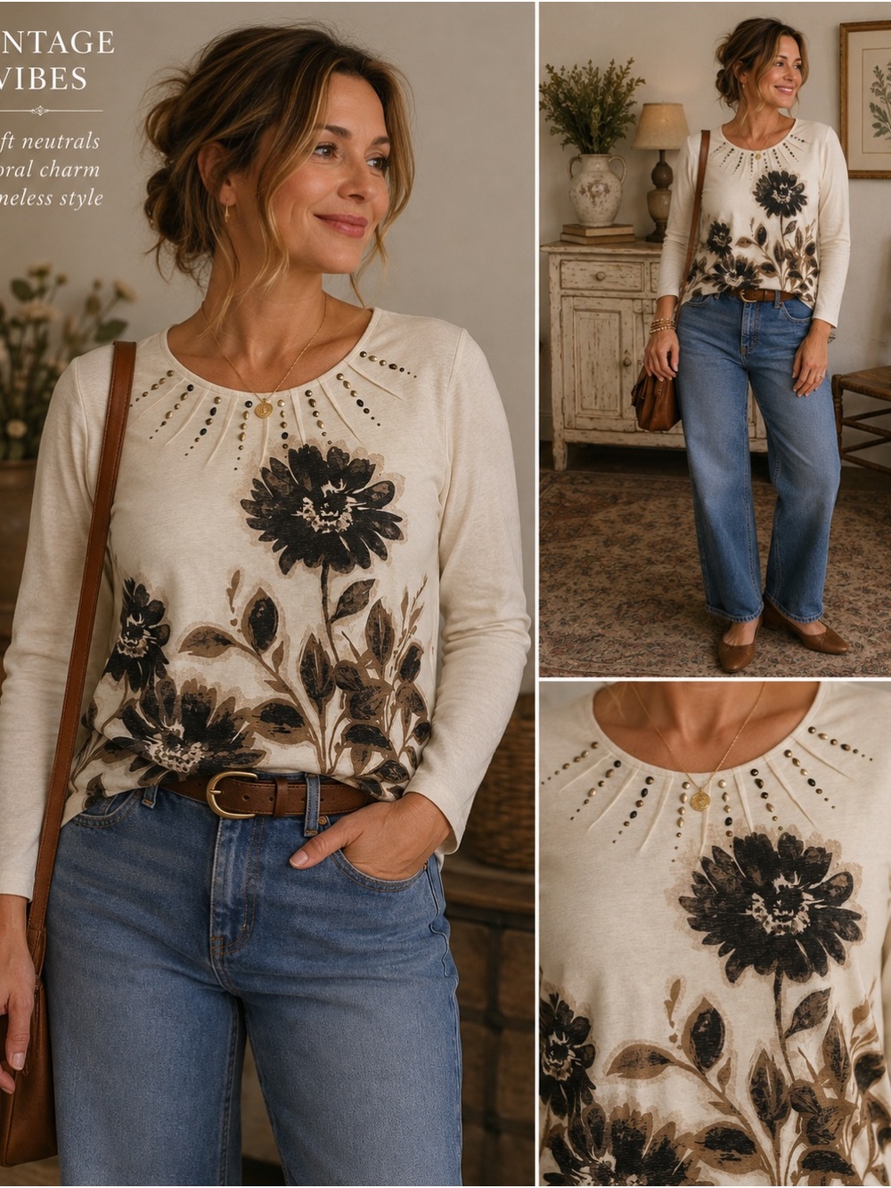 Women's Cream Floral Stud-Accent Long Sleeve Top